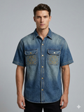 Loewe Anagram Embroidery Washed Denim Short Sleeve Shirt – Mid Blue – TRY ME