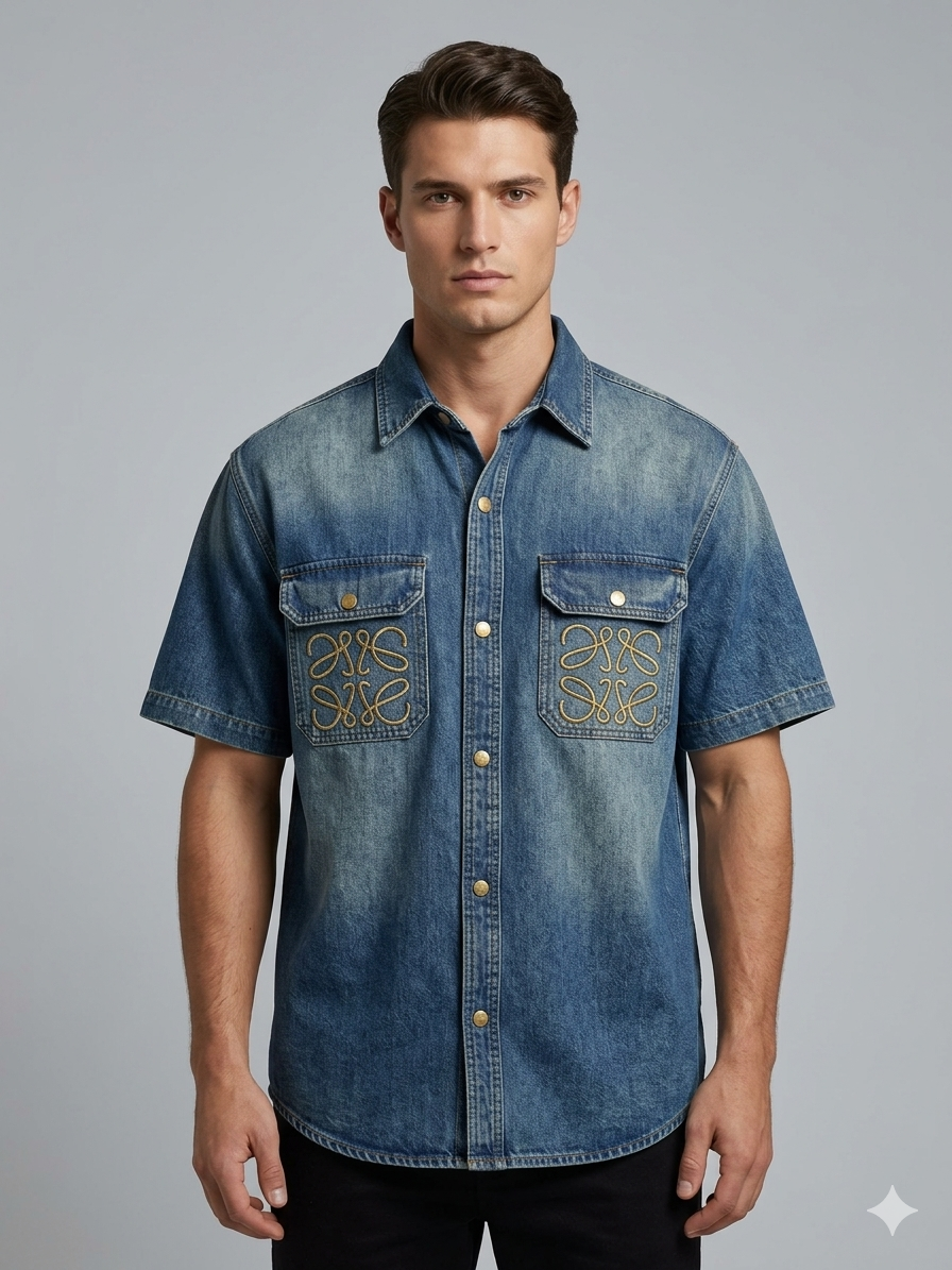 Loewe Anagram Embroidery Washed Denim Short Sleeve Shirt – Mid Blue – TRY ME
