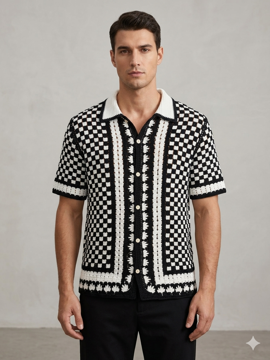 Checkerboard Crochet Knit Short Sleeve Polo Shirt – Black & Cream – TRY ME