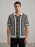 Checkerboard Crochet Knit Short Sleeve Polo Shirt – Black & Cream – TRY ME
