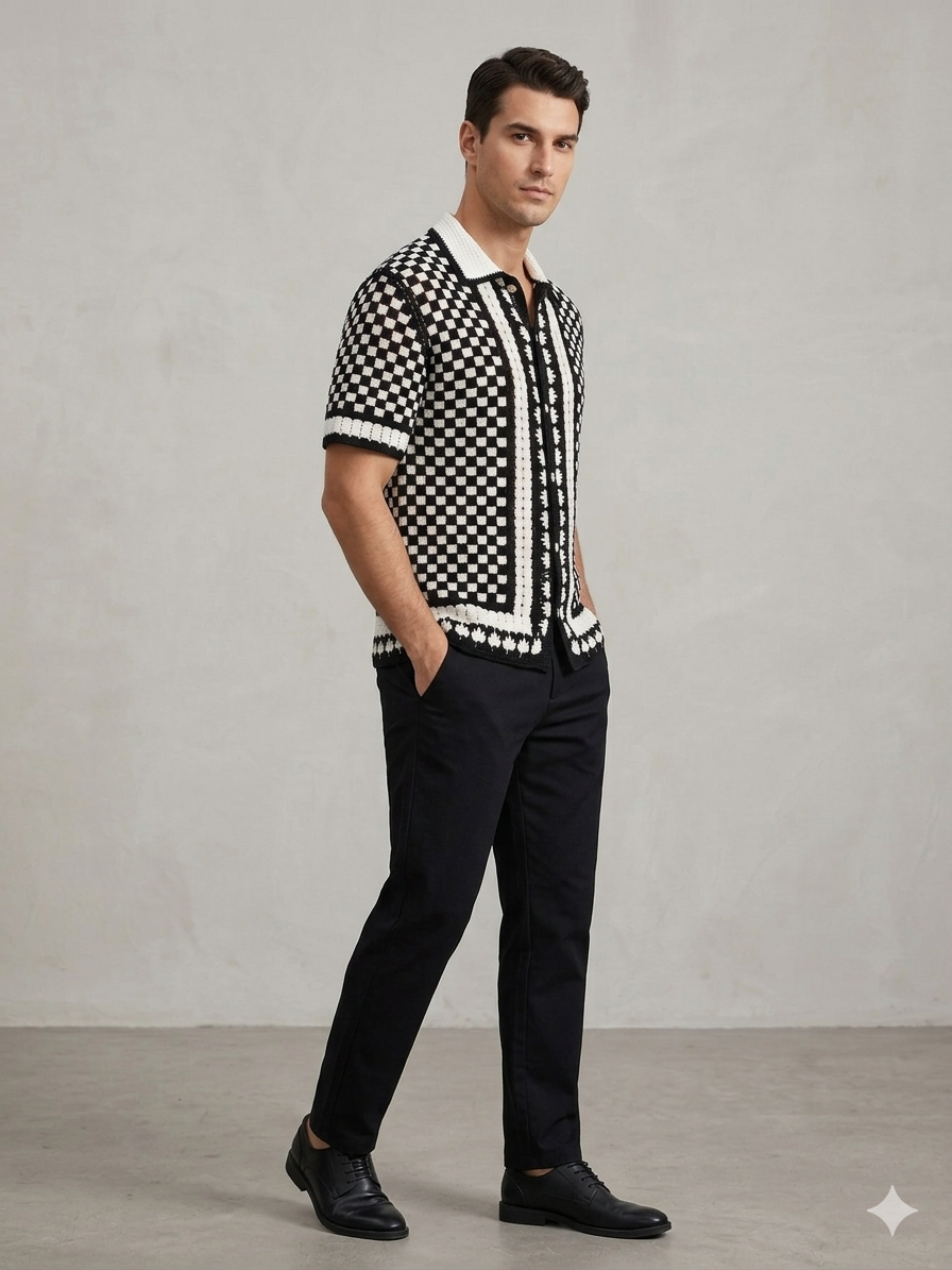 Checkerboard Crochet Knit Short Sleeve Polo Shirt – Black & Cream – TRY ME