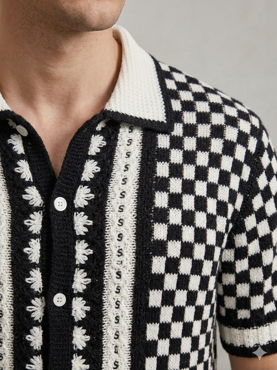 Checkerboard Crochet Knit Short Sleeve Polo Shirt – Black & Cream – TRY ME