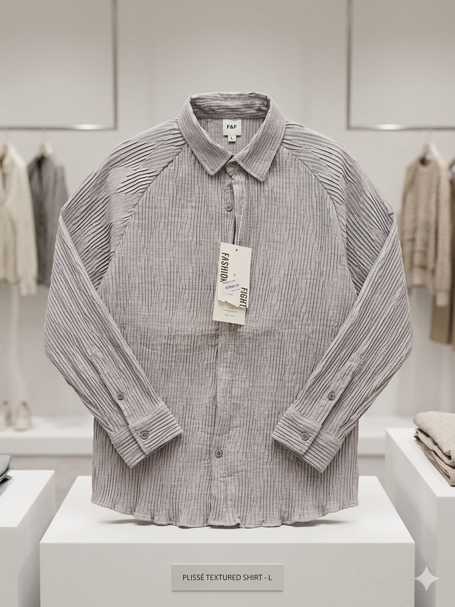F&F Plissé Textured Long Sleeve Shirt – Stone Grey – TRY ME