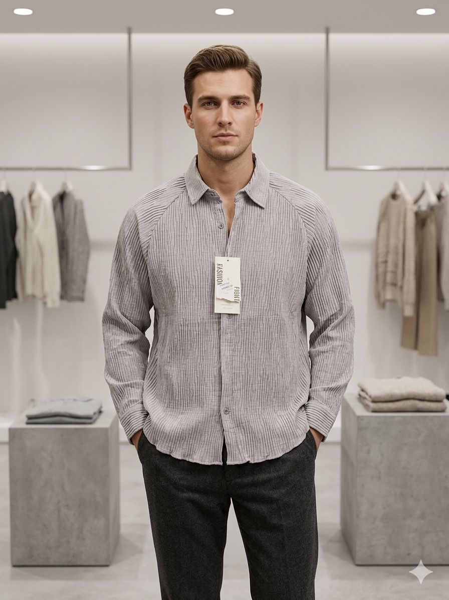 F&F Plissé Textured Long Sleeve Shirt – Stone Grey – TRY ME