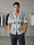 Paisley Floral Crochet Knit Short Sleeve Shirt – Cream, Blue & Green – TRY ME