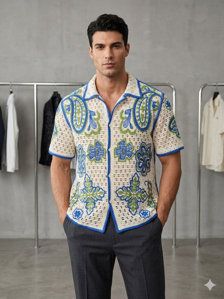 Paisley Floral Crochet Knit Short Sleeve Shirt – Cream, Blue & Green – TRY ME