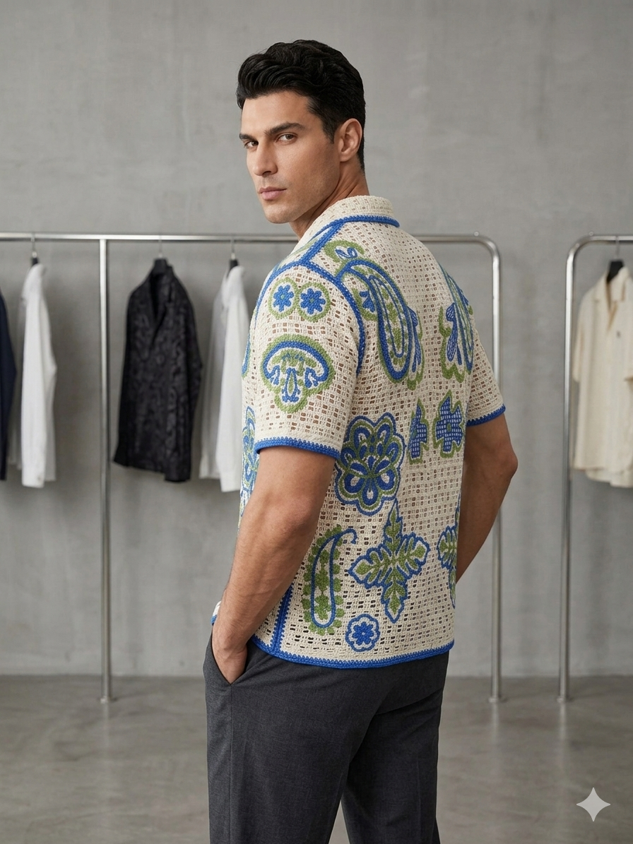 Paisley Floral Crochet Knit Short Sleeve Shirt – Cream, Blue & Green – TRY ME