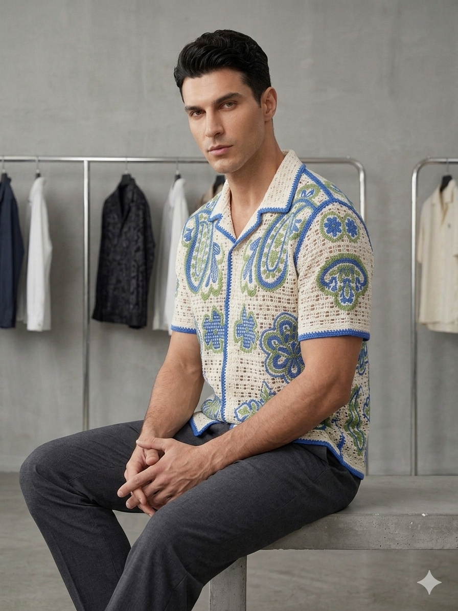 Paisley Floral Crochet Knit Short Sleeve Shirt – Cream, Blue & Green – TRY ME
