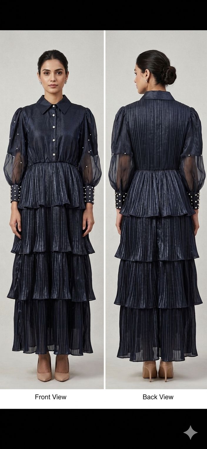 Navy Blue Pearl Embellished Tiered Ruffle Maxi Dress – TRY ME